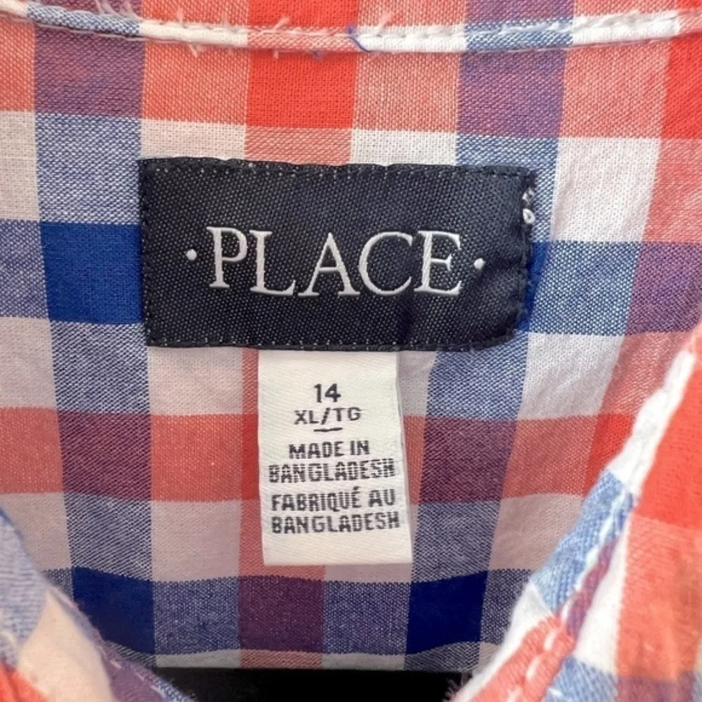 Childrens Place Boys Orange White Blue Plaid Button-Down Long Sleeve Shirt 14/XL